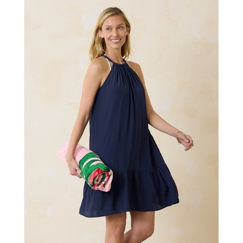 Tommy Bahama Calypso Crepe Tier Short Dress Size Medium Mare Navy